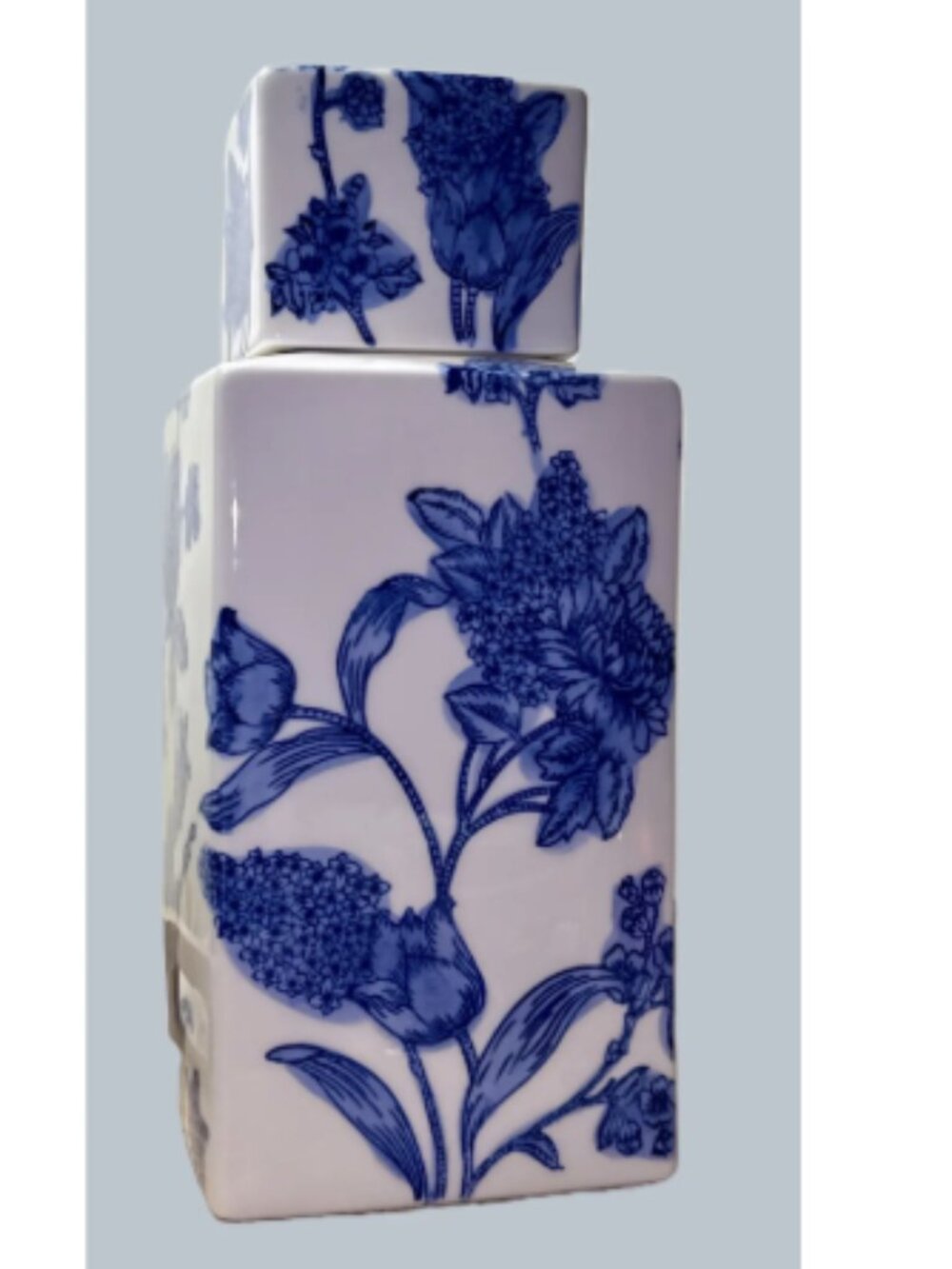 Blue and White Chinoiserie Square Porcelain Jar - 11" Tall